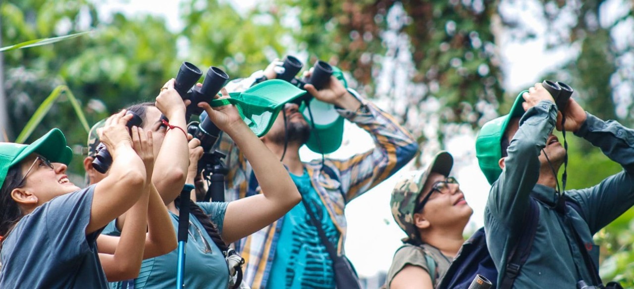 Avistamiento de aves en Colombia durante el Global Big Day Personas mirando por binoculares